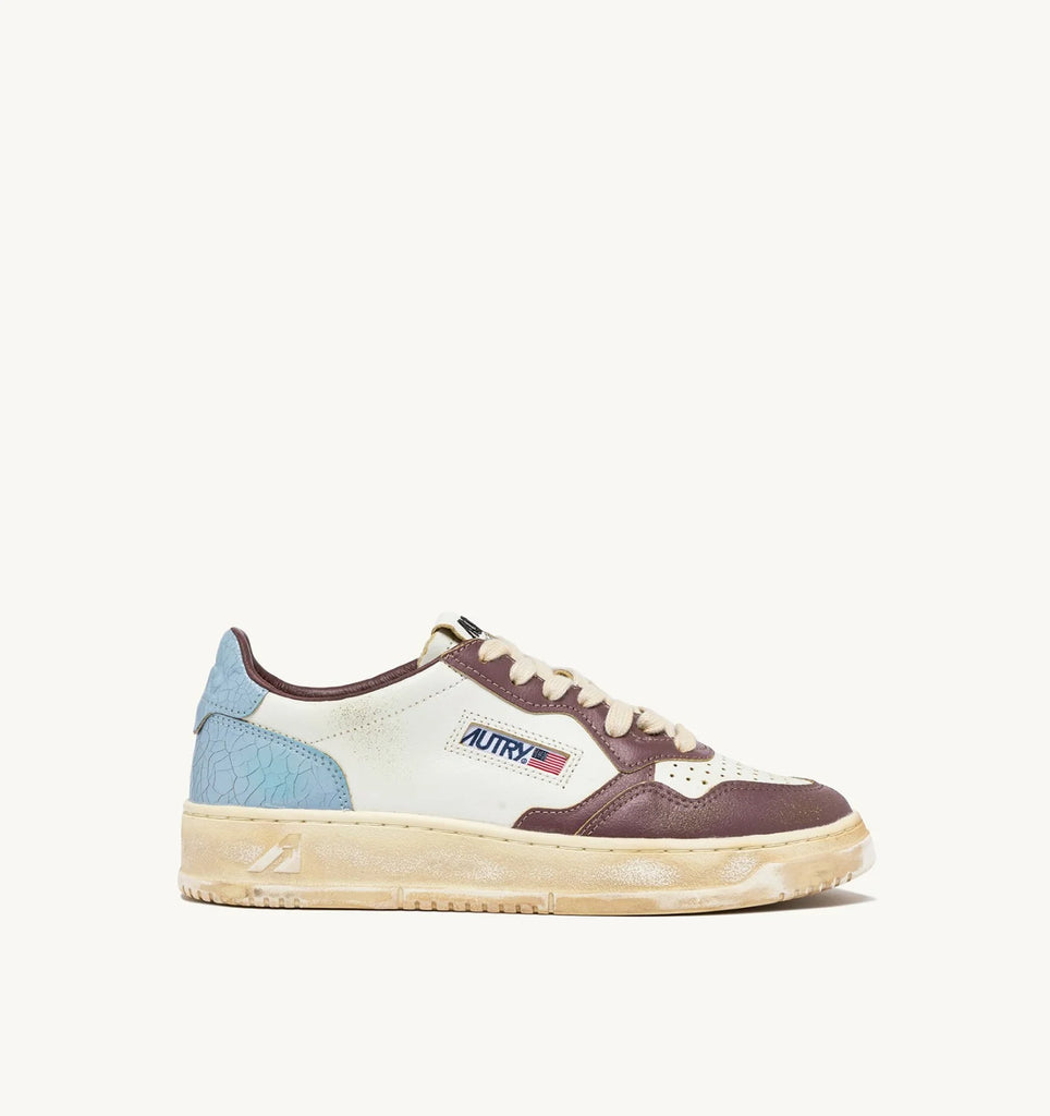 AUTRY Sneakers Super Vintage Low In Pelle Bianca, Celeste e Viola