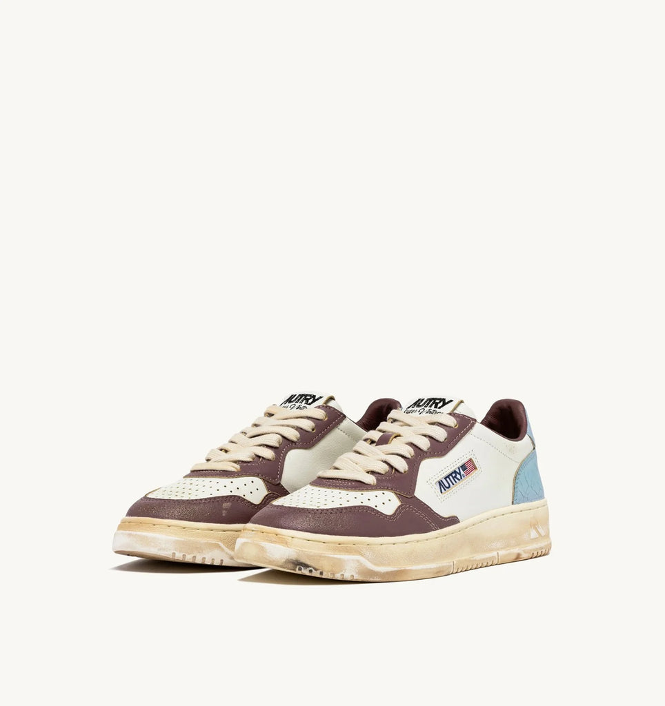 AUTRY Sneakers Super Vintage Low In Pelle Bianca, Celeste e Viola