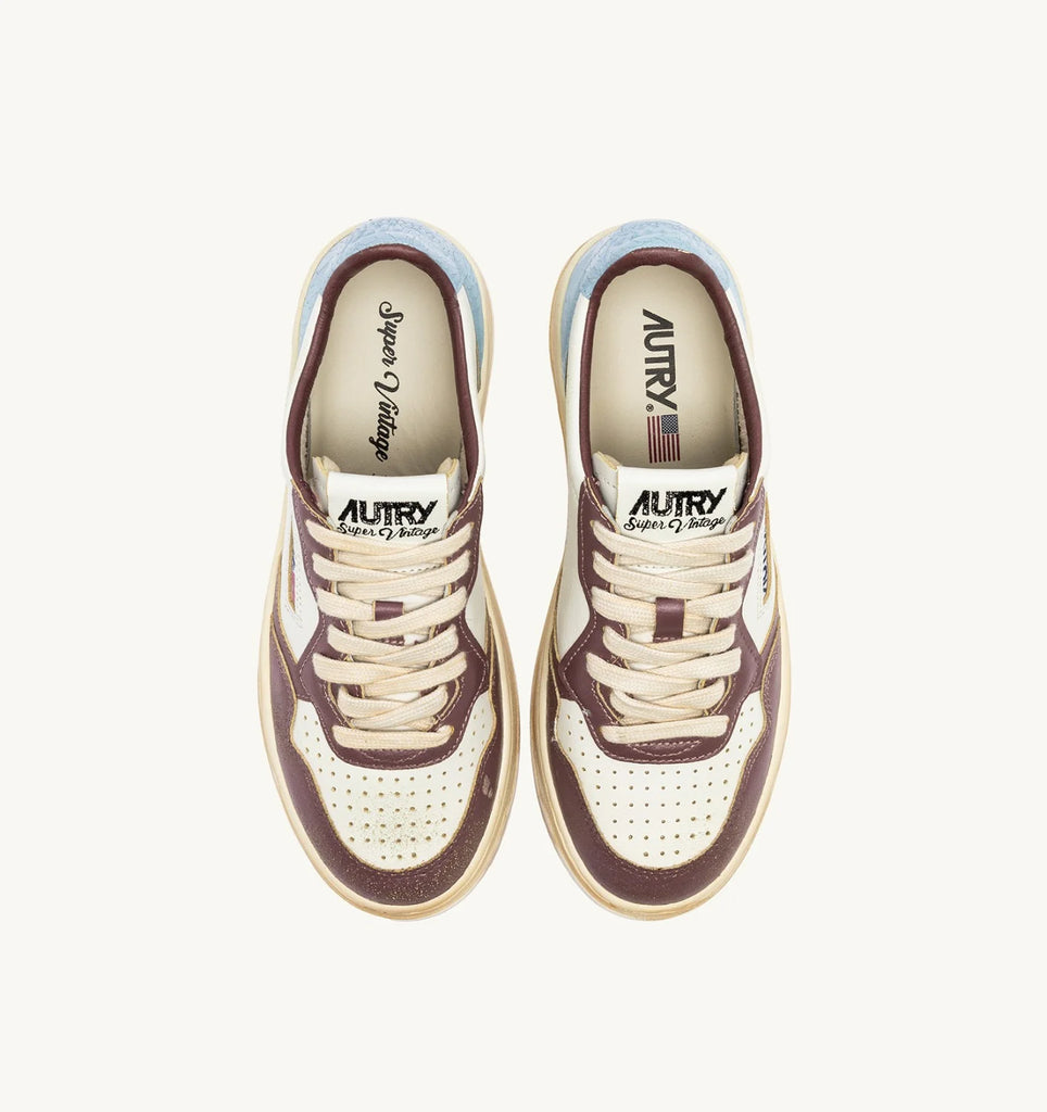 AUTRY Sneakers Super Vintage Low In Pelle Bianca, Celeste e Viola