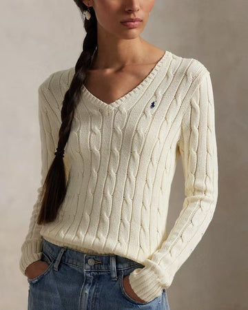 POLO RALPH LAUREN Maglia in cotone a trecce con scollo a V