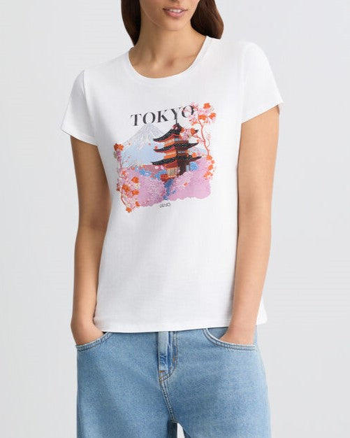 LIU JO T-shirt in cotone con stampa e strass