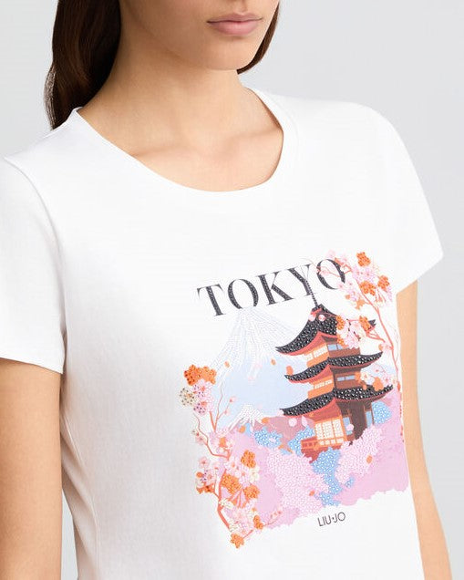 LIU JO T-shirt in cotone con stampa e strass