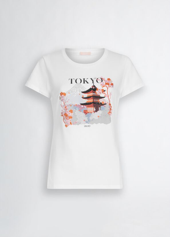 LIU JO T-shirt in cotone con stampa e strass