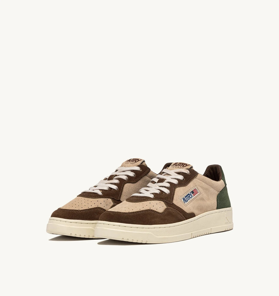 AUTRY Sneakers Medalist Low Tricolor in Suede Beige Marrone e Verde