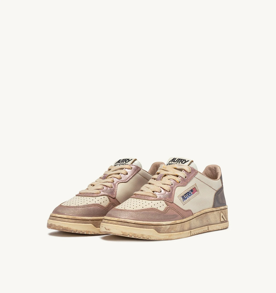 AUTRY Sneakers Medalist Low Super Vintage in Pelle Bianca Rosa e Grigio