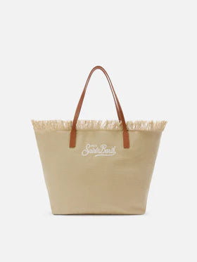 MC2 SAINT BARTH Borsa City regular in canvas beige con frange