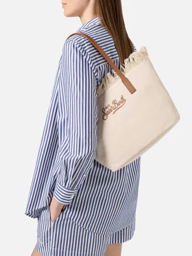 MC2 SAINT BARTH Borsa shopper City medium bianca in canvas con frange