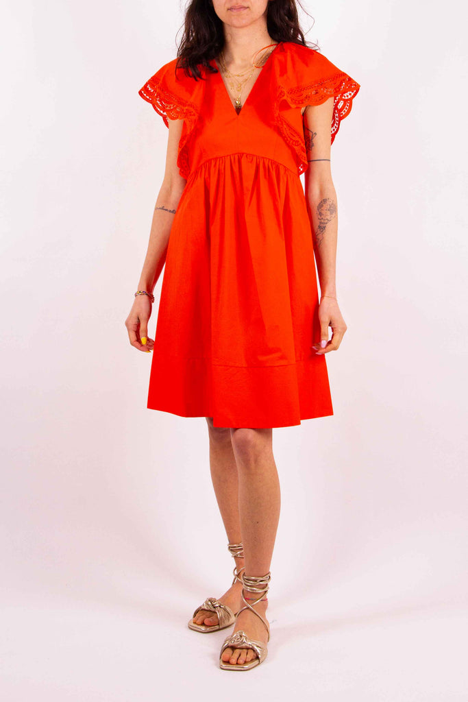 TWIN SET Abito corto in popeline con pizzo