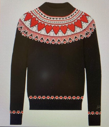 MC2 SAINT BARTH Maglia donna girocollo nera con stampa cuori fair isle